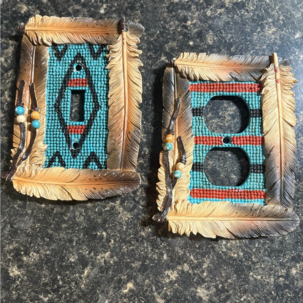 Beaded Turquoise & Coral Feathered Switch Plate Covers